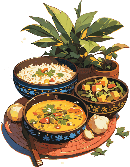 Illustration of three Sab Fried Rice dishes — fried rice, yellow curry and a herb salad — served in painted bowls.
